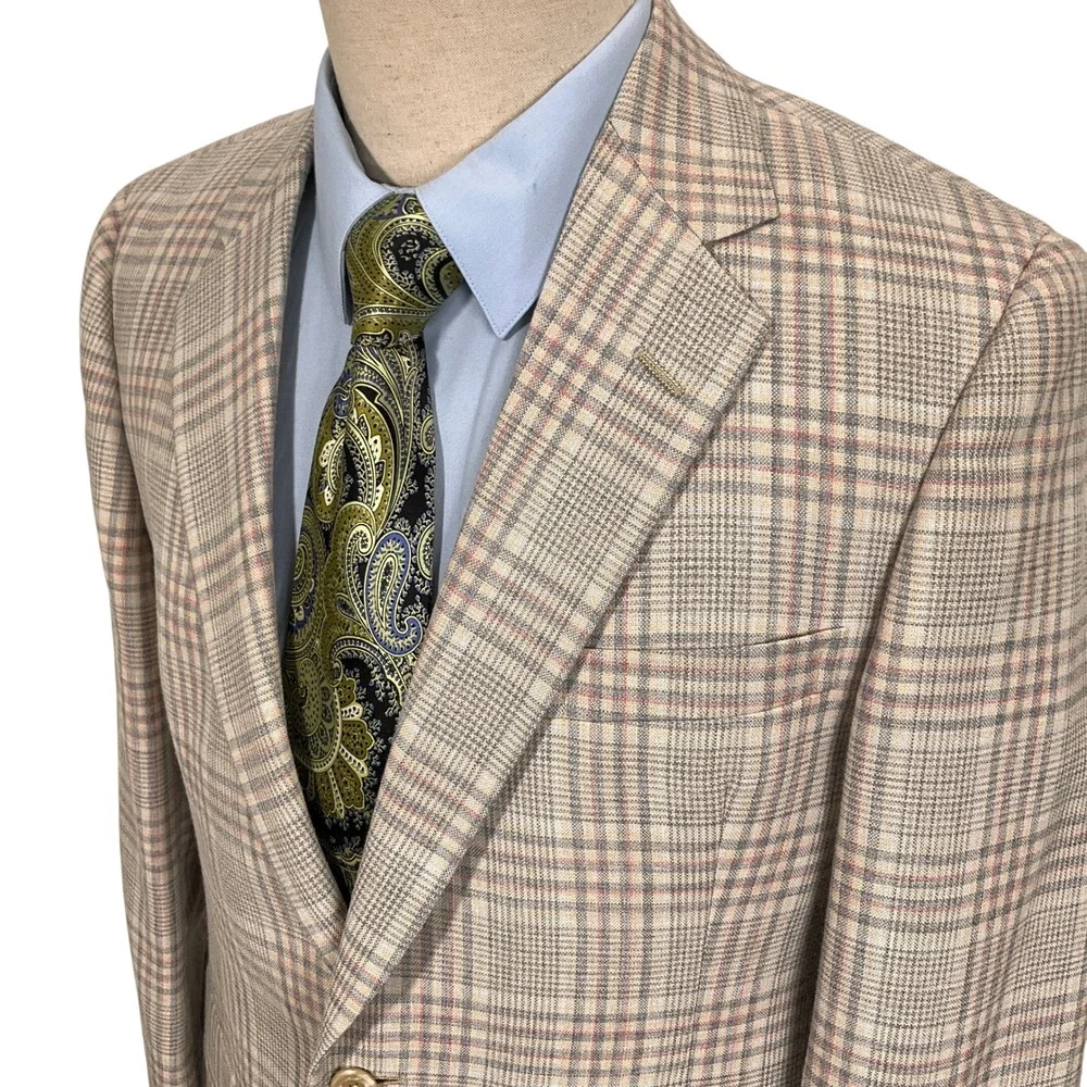 Hart Schaffner Marx Blazer Mens 38 Beige Pink Gray Plaid 80s Preppy Jacket‎ USA